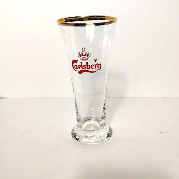 Vintage Carlsberg Pilsner Beer Glass Red Crown Logo Gold Rim - Picture 1 of 3